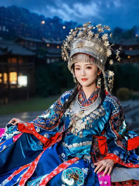 open eyes,smile,huge breasts,In a vast and starry sky,a young Chinese woman in an elegant celestial blue robe floats effortlessly. The robe is made of a fine silk that billows and ripples as she moves,almost dissolving into the vaporous skyscape. Intricate gold embroidered patterns adorn her sleeves and hem,adding a touch of elegance and sophistication. Wisps of fog swirl around her like silky veils,creating a sense of mystery and intrigue,
(High quality, Superb lighting, Highly detailed, Sharp focus, 8K UHD, masterpiece art),<lora:miaolan2-aki-000008:1>,