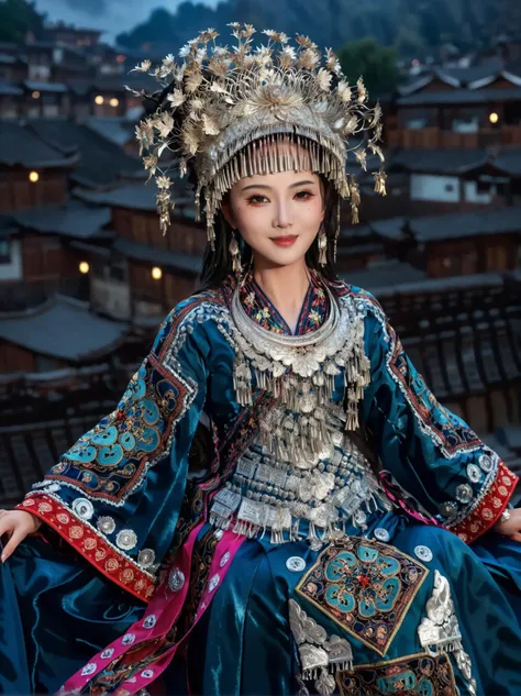 open eyes,smile,huge breasts,In a vast and starry sky,a young Chinese woman in an elegant celestial blue robe floats effortlessly. The robe is made of a fine silk that billows and ripples as she moves,almost dissolving into the vaporous skyscape. Intricate gold embroidered patterns adorn her sleeves and hem,adding a touch of elegance and sophistication. Wisps of fog swirl around her like silky veils,creating a sense of mystery and intrigue,
(High quality, Superb lighting, Highly detailed, Sharp focus, 8K UHD, masterpiece art),<lora:miaolan2-aki-000008:1>,