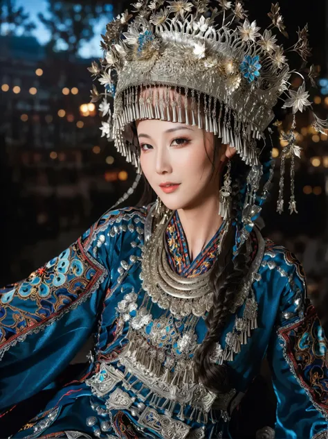 open eyes,smile,huge breasts,In a vast and starry sky,a young Chinese woman in an elegant celestial blue robe floats effortlessly. The robe is made of a fine silk that billows and ripples as she moves,almost dissolving into the vaporous skyscape. Intricate gold embroidered patterns adorn her sleeves and hem,adding a touch of elegance and sophistication. Wisps of fog swirl around her like silky veils,creating a sense of mystery and intrigue,
(High quality, Superb lighting, Highly detailed, Sharp focus, 8K UHD, masterpiece art),<lora:miaolan2-aki-000008:1>,