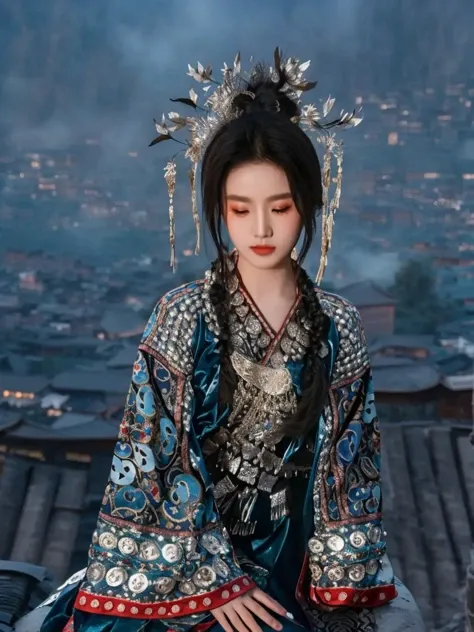 In a vast and starry sky,a young Chinese woman in an elegant celestial blue robe floats effortlessly. The robe is made of a fine silk that billows and ripples as she moves,almost dissolving into the vaporous skyscape. Intricate gold embroidered patterns adorn her sleeves and hem,adding a touch of elegance and sophistication. Wisps of fog swirl around her like silky veils,creating a sense of mystery and intrigue,
(High quality, Superb lighting, Highly detailed, Sharp focus, 8K UHD, masterpiece art),<lora:Miaolan_Ultramarine_1024:1>,