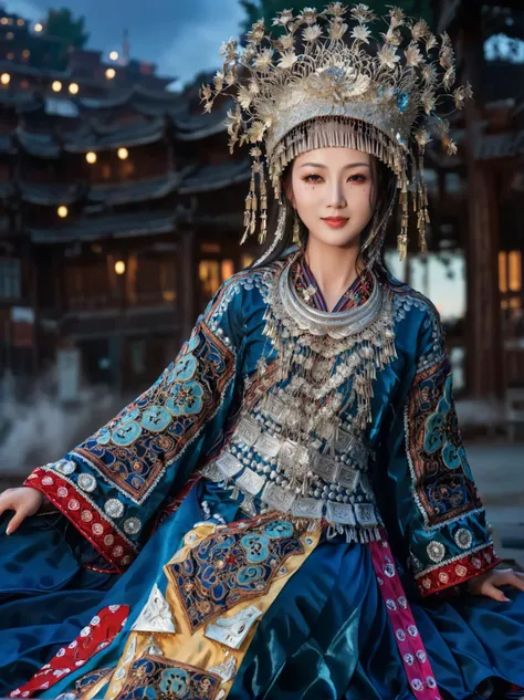 open eyes,smile,huge breasts,In a vast and starry sky,a young Chinese woman in an elegant celestial blue robe floats effortlessly. The robe is made of a fine silk that billows and ripples as she moves,almost dissolving into the vaporous skyscape. Intricate gold embroidered patterns adorn her sleeves and hem,adding a touch of elegance and sophistication. Wisps of fog swirl around her like silky veils,creating a sense of mystery and intrigue,
(High quality, Superb lighting, Highly detailed, Sharp focus, 8K UHD, masterpiece art),<lora:miaolan2-aki-000008:1>,