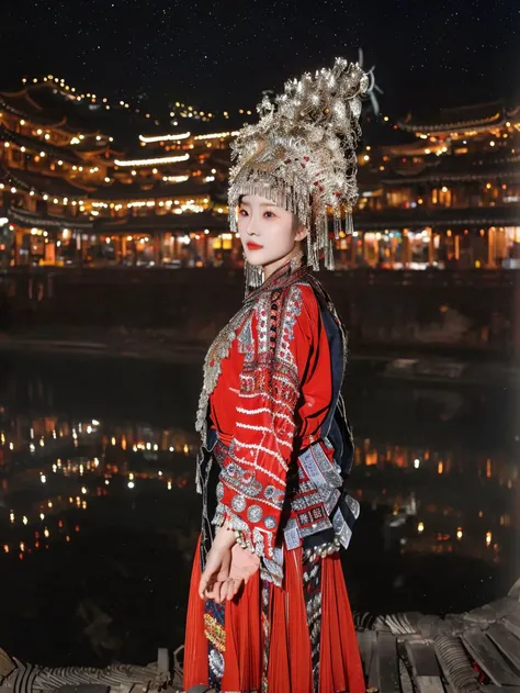 open eyes,smile,huge breasts,red theme,miaozu, Hmong, 1girl, solo, long sleeves, photo background, black hair, looking at viewer, hat, bangs, blurry background, outdoors, long hair, cowboy shot, skirt, blurry,
(High quality, Superb lighting, Highly detailed, Sharp focus, 8K UHD, masterpiece art),<lora:XL_miaohong:1>,