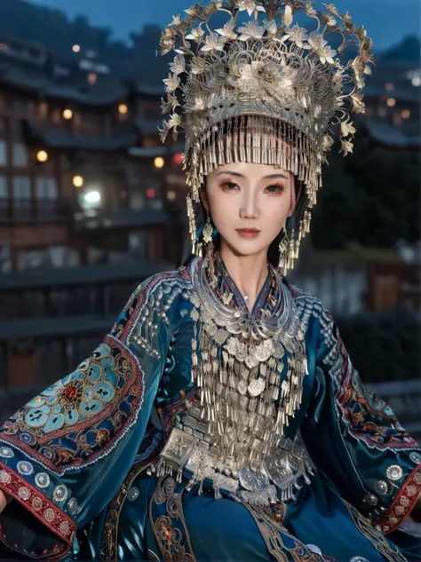 In a vast and starry sky,a young Chinese woman in an elegant celestial blue robe floats effortlessly. The robe is made of a fine silk that billows and ripples as she moves,almost dissolving into the vaporous skyscape. Intricate gold embroidered patterns adorn her sleeves and hem,adding a touch of elegance and sophistication. Wisps of fog swirl around her like silky veils,creating a sense of mystery and intrigue,
(High quality, Superb lighting, Highly detailed, Sharp focus, 8K UHD, masterpiece art),<lora:Hmong_costume_Ultramarine_XL_V2:1>,