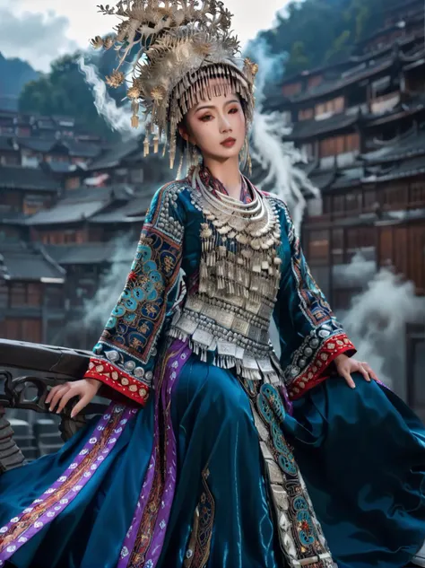 In a vast and starry sky,a young Chinese woman in an elegant celestial blue robe floats effortlessly. The robe is made of a fine silk that billows and ripples as she moves,almost dissolving into the vaporous skyscape. Intricate gold embroidered patterns adorn her sleeves and hem,adding a touch of elegance and sophistication. Wisps of fog swirl around her like silky veils,creating a sense of mystery and intrigue,
(High quality, Superb lighting, Highly detailed, Sharp focus, 8K UHD, masterpiece art),<lora:Hmong_costume_Ultramarine_XL_V2:1>,
