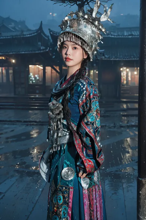 1girl,solo,east asian architecture,architecture,night,outdoors,hat,rain,building,standing,traditional clothes,holding,long sleeves,tree,<lora:miaolan2-000018:1>,upper body,