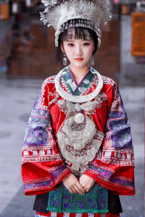 miaozu,Hmong,1girl,blurry background,blurry,dress,solo focus,hat,standing,long sleeves,traditional clothes,looking at viewer,red dress,black hair,brown eyes,korean clothes,depth of field,solo,<lora:XL_miaohong:1>,(,upper body:1.1),