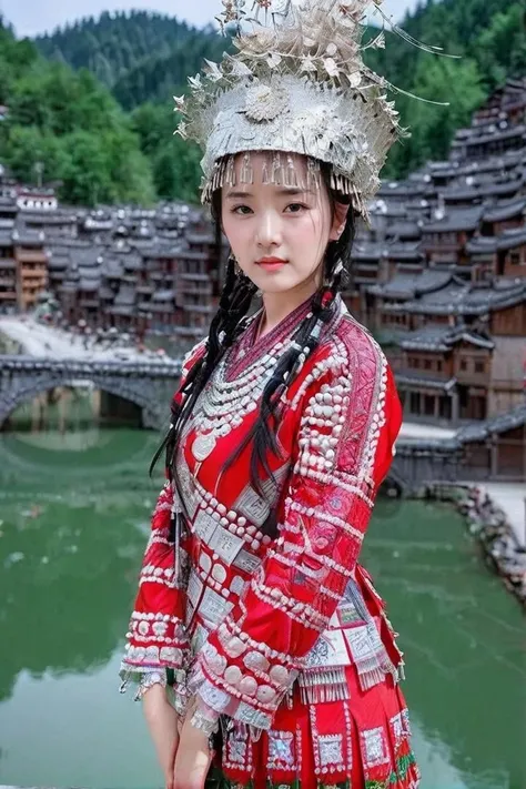 miaozu, Hmong, 1girl, solo, long sleeves, photo background, black hair, looking at viewer, hat, bangs, blurry background, outdoors, long hair, cowboy shot, skirt, blurry, twin braids,<lora:XL_miaohong:1>,(,upper body:1.1),