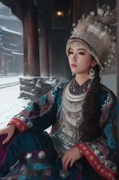 miaozu,Hmong,1girl,solo,jewelry,brown hair,architecture,ring,bracelet,east asian architecture,hair ornament,beads,brown eyes,outdoors,necklace,building,snow,long hair,sitting,dress,traditional clothes,earrings,lips,highres,extremely detailed,best quality,masterpiece,illustration,an extremely delicate and beautiful,extremely detailed,CG,unity,8k wallpaper,Amazing,finely detail,masterpiece,best quality,official art,extremely detailed CG unity 8k wallpaper,light on face,cinematic lighting,<lora:miaolan2-000018:1>,upper body,