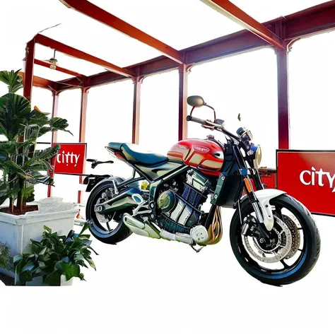 masterpiece, (best quality:1.3),sunlight, realistic,
white motorcycle, (city ground:1.5),cafe,potted plant,sunshade,