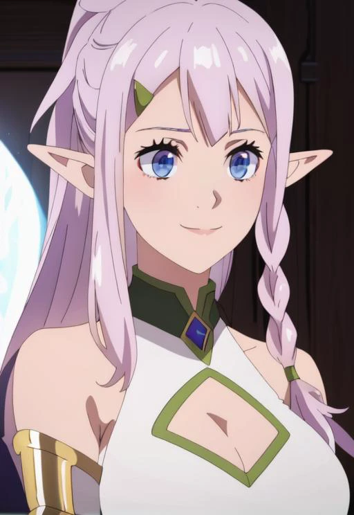 yarandrala, anime, 1girl, solo, long_hair, breasts, smile, bangs, blue_eyes, cleavage, hair_between_eyes, jewelry, medium_breasts, closed_mouth, upper_body, pink_hair, earrings, pointy_ears, clothing_cutout, cleavage_cutout, elf