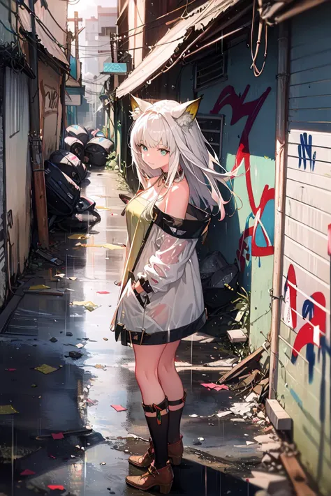 masterpiece, best quality, absurdres, perfect anatomy, 4K, 8K, anime key visual, official art, (anime:1.2), (illustration:0.8), (beautiful detailed eyes), (nice hands, perfect anatomy, perfect hands, perfect fingers), <lora:GoodHands-vanilla:1>, <lora:epiNoiseoffset_v2Pynoise:1.0>, <lora:flat2:-0.3>, <lora:lit:0.1>, (2020s anime \(style\):0.9),

<lyco:[LoHa] Arknights-Kaltsit (With multires noise version):0.9>, kaltost, long hair, (cat ears:1.1), cleavage, bare shoulders,
1girl, solo,
natural lighting, cinematic lighting, intricate shadow, hdr, volumetic lighting, highly detailed background, messy background,
(rainy, cloudy:1.5), early morning, sunlight, lens flare,

(winter:1.2), (twightlight:1.4),
(light smile, closed mouth:0.9), looking at viewer, (dutch angle:1.1), (depth of field:1.5), zettai ryouiki, close-up, from above ,

zettai ryouiki, (medium breast:1.1), BREAK
graphic tee, denim shorts, (street-style:1.3), baseball cap, standing, outdoors, city, hands in pockets, (graffiti, messy street, favela, slum, downtown:1.6), (messy cable, garbage:0.8),