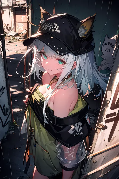 masterpiece, best quality, absurdres, perfect anatomy, 4K, 8K, anime key visual, official art, (anime:1.2), (illustration:0.8), (beautiful detailed eyes), (nice hands, perfect anatomy, perfect hands, perfect fingers), <lora:GoodHands-vanilla:1>, <lora:epiNoiseoffset_v2Pynoise:1.0>, <lora:flat2:-0.3>, <lora:lit:0.1>, (2020s anime \(style\):0.9),

<lyco:[LoHa] Arknights-Kaltsit (With multires noise version):0.9>, kaltost, long hair, (cat ears:1.1), cleavage, bare shoulders,
1girl, solo,
natural lighting, cinematic lighting, intricate shadow, hdr, volumetic lighting, highly detailed background, messy background,
(rainy, cloudy:1.5), early morning, sunlight, lens flare,

(winter:1.2), (twightlight:1.4),
(light smile, closed mouth:0.9), looking at viewer, (dutch angle:1.1), (depth of field:1.5), zettai ryouiki, close-up, from above ,

zettai ryouiki, (medium breast:1.1), BREAK
graphic tee, denim shorts, (street-style:1.3), baseball cap, standing, outdoors, city, hands in pockets, (graffiti, messy street, favela, slum, downtown:1.6), (messy cable, garbage:0.8),