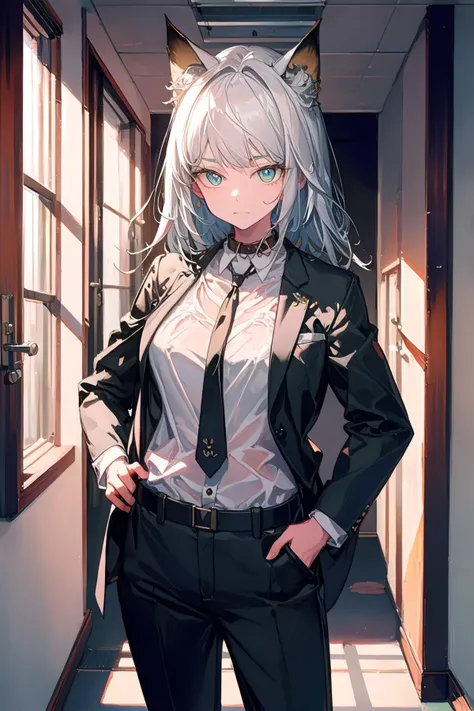 masterpiece, best quality, absurdres, perfect anatomy, 4K, 8K, anime key visual, official art, (anime:1.2), (illustration:0.8), (beautiful detailed eyes), (nice hands, perfect anatomy, perfect hands, perfect fingers), <lora:GoodHands-vanilla:1>, <lora:epiNoiseoffset_v2Pynoise:1.0>, <lora:flat2:-0.3>, <lora:lit:0.2>, (2020s anime \(style\):0.9),

<lyco:[LoHa] Arknights-Kaltsit (With multires noise version):0.9>, kaltost, long hair, (cat ears:1.1),
1girl, solo,
natural lighting, cinematic lighting, intricate shadow, hdr, volumetic lighting, indoors, highly detailed background, messy background,

(bewilderment, troubled face, closed mouth:0.9), looking at viewer, close-up,

(white shirt), BREAK, (black suits, formal mens suit, black pants, formal mens pants, BREAK, BREAK, black necktie:1.5), standing, (hands on hips:1.1), (medium breasts:1.3),
indoors, (hospital, corridor, white-colored interior, clean atmosphere:1.2), zettai ryouiki, (hands on own stomach:1.1),