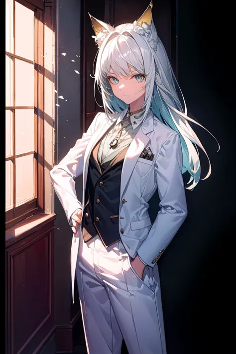 masterpiece, best quality, absurdres, perfect anatomy, 4K, 8K, anime key visual, official art, (anime:1.2), (illustration:0.8), (beautiful detailed eyes), (nice hands, perfect anatomy, perfect hands, perfect fingers), <lora:GoodHands-vanilla:1>, <lora:epiNoiseoffset_v2Pynoise:1.0>, <lora:flat2:-0.3>, <lora:lit:0.2>, (2020s anime \(style\):0.9),

<lyco:[LoHa] Arknights-Kaltsit (With multires noise version):0.9>, kaltost, long hair, (cat ears:1.1),
1girl, solo,
natural lighting, cinematic lighting, intricate shadow, hdr, volumetic lighting, indoors, highly detailed background, messy background,

(bewilderment, troubled face, closed mouth:0.9), looking at viewer, close-up,

(white shirt), BREAK, (black suits, formal mens suit, black pants, formal mens pants, BREAK, BREAK, black necktie:1.5), standing, (hands on hips:1.1), (medium breasts:1.3),
indoors, (hospital, corridor, white-colored interior, clean atmosphere:1.2), zettai ryouiki, (hands on own stomach:1.1),