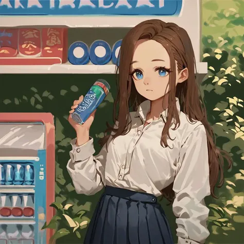 score_9, score_8_up, score_7_up, score_6_up, score_5_up, score_4_up, source_anime, 1girl, petite, solo, brown hair, forehead, blue eyes, round eyes, sidelocks, long hair, dress shirt, pleated skirt, vending machine, outside, park