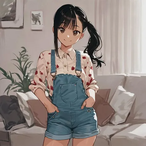 score_9, score_8_up, score_7_up, score_6_up, score_5_up, score_4_up, source_anime, 1girl, solo, petite, black hair, side ponytail, small breasts, suspenders, shirt, skirt, overalls, front pocket, loose strand, looking at viewer, love, smile, living room