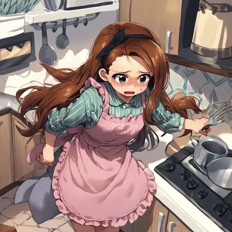 score_9, score_8_up, score_7_up, score_6_up, score_5_up, score_4_up, source_anime, 1girl, solo, minase iori, brown hair, hairband, apron, embarrassed, open mouth, blush, kitchen,