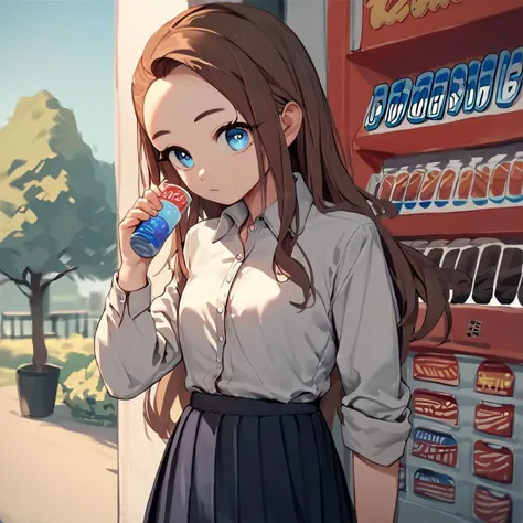 score_9, score_8_up, score_7_up, score_6_up, score_5_up, score_4_up, source_anime, 1girl, petite, solo, brown hair, forehead, blue eyes, round eyes, sidelocks, long hair, dress shirt, pleated skirt, vending machine, outside, park