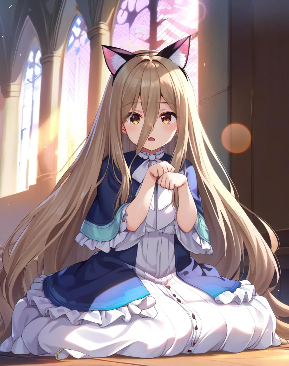 score_9, score_8_up, score_7_up, 1girl on the floor, paw pose, open mouth, fake cat ears, castle, lens flare, sunlight, window,
<lora:mamezou_style_pony6_v1-000032:1> <lora:sense_sousou no frieren_PONY_last:0.6> sense \(sousou no frieren\),brown eyes,very long hair,absurdly long hair,hair between eyes,eyes visible through hair, blue capelet,frilled dress,white long dress