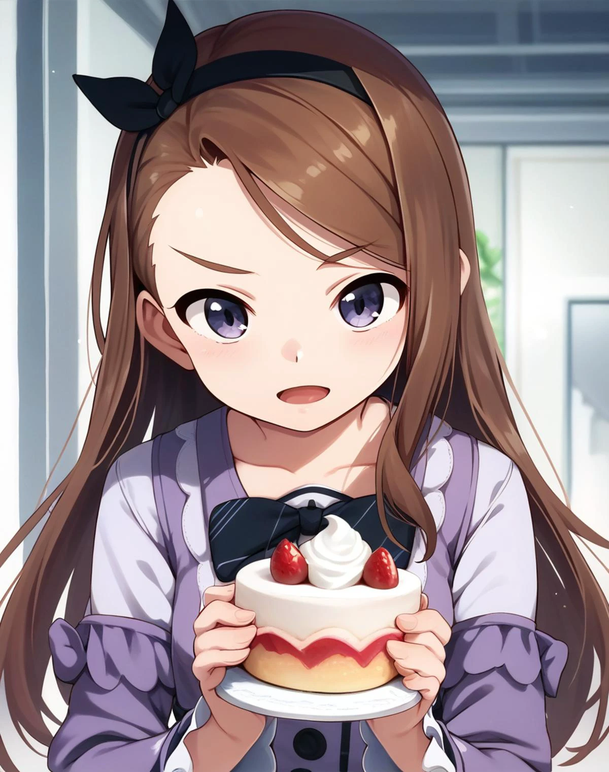 score_9, score_8_up, score_7_up, a girl, frown, (minase iori:0.6), brown hair, hairband, smile, holding a cake slice, open mouth, own hands together,
<lora:mamezou_style_pony6_v1-000032:1>