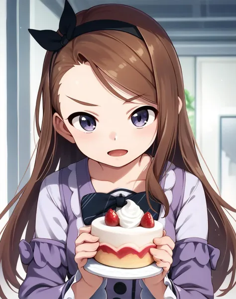 score_9, score_8_up, score_7_up, a girl, frown, (minase iori:0.6), brown hair, hairband, smile,  holding a cake slice, open mouth, own hands together, 
 <lora:mamezou_style_pony6_v1-000032:1>