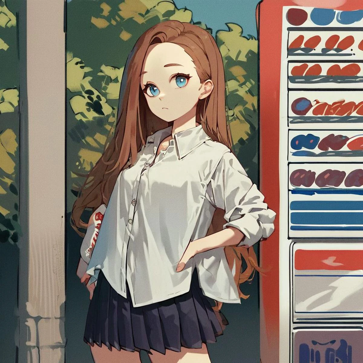 score_9, score_8_up, score_7_up, score_6_up, score_5_up, score_4_up, source_anime, 1girl, petite, solo, brown hair, forehead, blue eyes, round eyes, sidelocks, long hair, dress shirt, pleated skirt, vending machine, outside, park