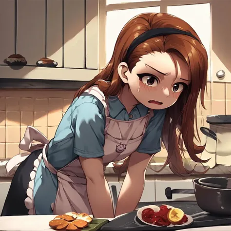 score_9, score_8_up, score_7_up, score_6_up, score_5_up, score_4_up, source_anime, 1girl, solo, minase iori, brown hair, hairband, apron, embarrassed, open mouth, blush, kitchen,