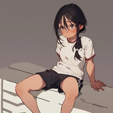 score_9, score_8_up, score_7_up, score_6_up, score_5_up, score_4_up, source_anime, 1girl, petite, solo, black hair, low tied ponytail, loose strands, hair between eyes, grey eyes, gym uniform, white shirt, black shorts, embarrassed, blush, sitting, spread legs, backwards arm support, gym storage room