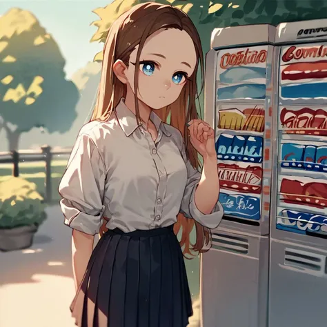 score_9, score_8_up, score_7_up, score_6_up, score_5_up, score_4_up, source_anime, 1girl, petite, solo, brown hair, forehead, blue eyes, round eyes, sidelocks, long hair, dress shirt, pleated skirt, vending machine, outside, park