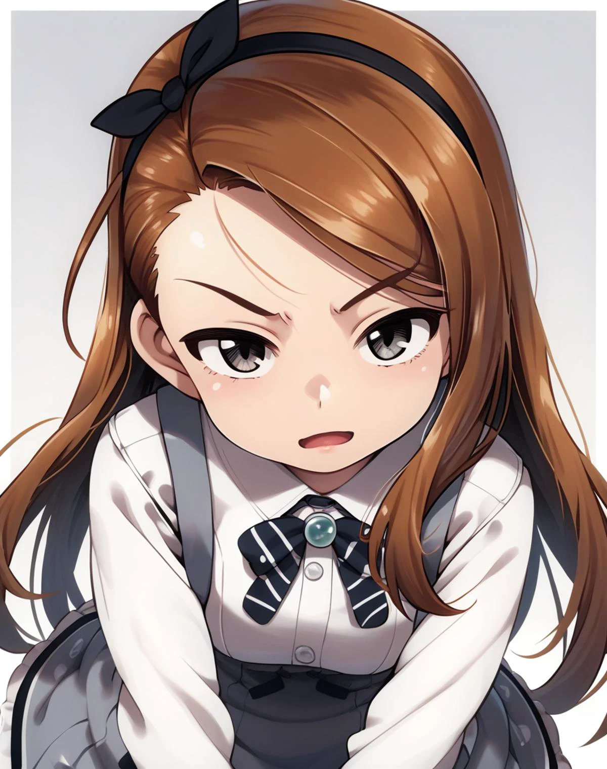 score_9, score_8_up, score_7_up, a girl looking at viewer, smile, half-closed eyes, frown, minase iori, brown hair, hairband, open mouth, angry
<lora:mamezou_style_pony6_v1-000032:1>