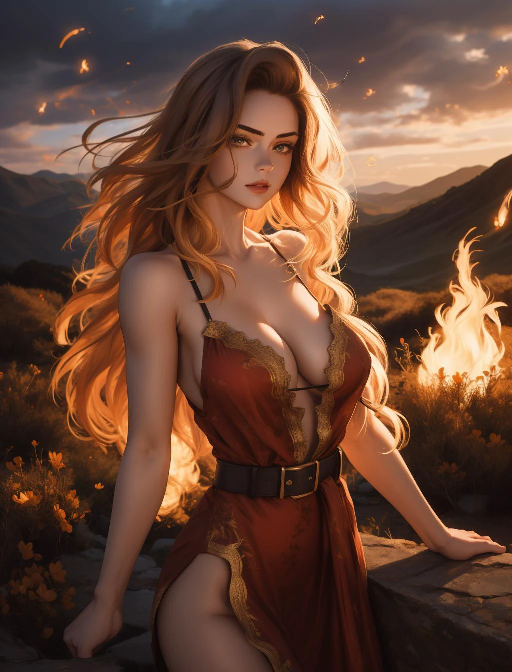 1,1girl, Ruby red Velvet Slip with Lace Trim, Satin Tassel Belt, Thigh-High Stockings, Toned, Square Face, Fair Skin, Wide Nose, Pouty Lips, Round Chin, Coral satin lipstick, clip, strawberry blonde Fine Hair Shoulder-Length Hair Bangs, with a mountain range in the background, glowing fireflies in the foreground
<lora:_20230806162810:1>
