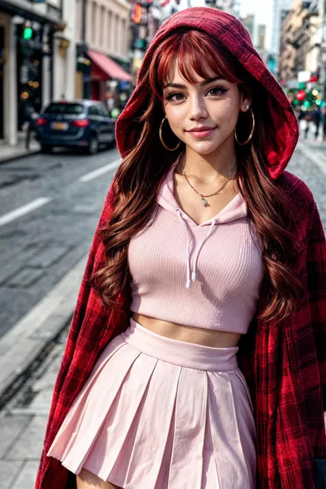 photo of (EPH4nn4hJ0:0.99), a woman, perfect hair, perfect makeup, posing, (selfie photo, pink hoodie, pleated skirt, cloak, running boards), necklace, dangling earrings,
BREAK
((Christmas Eve)), (Christmas inspired ribbons), (Surprise flash mob in background:1.2),
BREAK
(closeup portrait), 24mm, (Instagram Smartphone Filters), (cinematic, film grain:1.3), ((brilliant colour, gradient)), ((detailed eyes)), smiling, (epicPhoto)