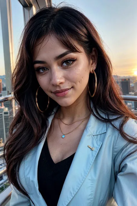 photo of (EPH4nn4hJ0:0.99), a woman, perfect hair, (long eyelashes, thick black eyeliner:1.1), posing, (selfie photo, tight Harrington blazer:1.1), (sunrise:1.2), (las vegas strip:1.1),(closeup portrait), necklace, hoop earrings, 24mm, (Instagram Smartphone Filters), (cinematic, film grain:1.3), ((brilliant colour, gradient)),( peaceful and serene:1.1), ((detailed eyes)), smiling, (epicPhoto)