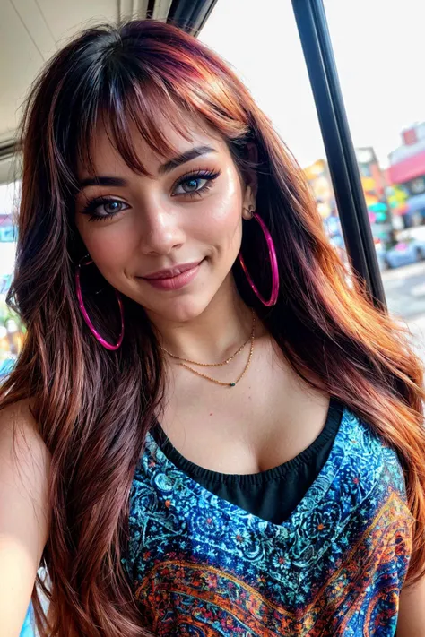 photo of (EPH4nn4hJ0:0.99), a woman, perfect hair, (long eyelashes, thick black eyeliner:1.1), posing, (selfie photo, Oversized Paisley print t-shirt with intricate patterns in a variety of vibrant colors:1.1), ( event with hindsight bias in background:1.2),(closeup portrait), necklace, hoop earrings, 24mm, (Instagram Smartphone Filters), (cinematic, film grain:1.3), ((brilliant colour, gradient)),( bright and colorful:1.1), ((detailed eyes)), smiling, (epicPhoto)