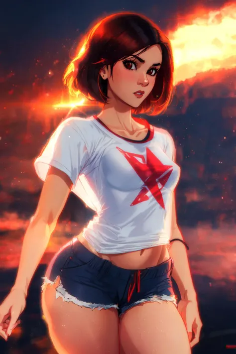 <lora:Shadman:1.2>, shadmanv1, solo, t-shirt, shorts, thick thighs, small breasts, mature female, volumetric lighting, light particles, upper body, looking at viewer
