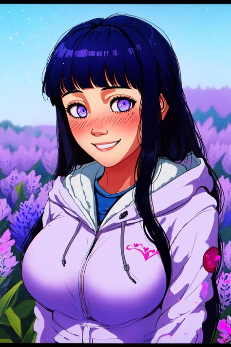 <lora:Shadman:1.3>, shadmanv1, <lora:Hinata:0.7>, hyuuga hinata, empty eyes, lavender eyes, white hoodie, long hair, dark blue hair, blunt bangs, huge breasts, blush, smile, embarrassed,