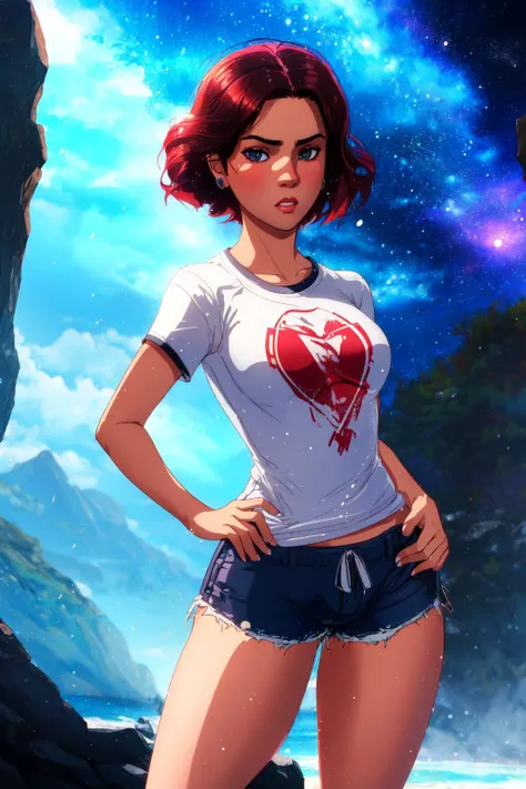 <lora:Shadman:1>, shadmanv1, solo, tshirt, shorts, cowboy shot, contrapposto, volumetric lighting, light particles