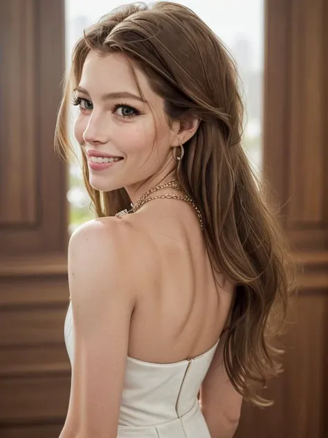 gquality, <lora:jessica-10:1> jessica, 1girl, solo, looking to the side, smile, bare shoulders, jewelry, earrings, teeth, indoors, necklace, grin, portrait, realistic, from side, back, looking back, eyelashes