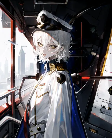 solo, 1boy, straight hair, hair between eyes, (disdain:1), looking at viewer, looking back, white hair, short shaggy hair, (white military uniform:1.2), yellow eyes, (white military hat:1.1), cyberpunk, science fiction, (spacecraft interior:1.2), tsurime, <lora:Tsurime3:0.85> , au \(d elete\, <lora:au_d_elete_offset:1>