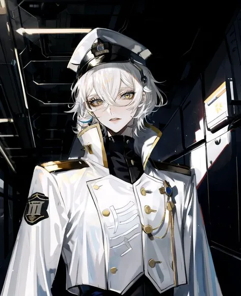 solo, 1boy, straight hair,  hair between eyes, (disdain:1), looking at viewer, looking back, white hair, short shaggy hair, (white military uniform:1.2), yellow eyes, (white military hat:1.1), cyberpunk, science fiction, (spacecraft interior:1.2), tsurime,  <lora:Tsurime3:0.85> , au \(d elete\, <lora:au_d_elete_offset:1>