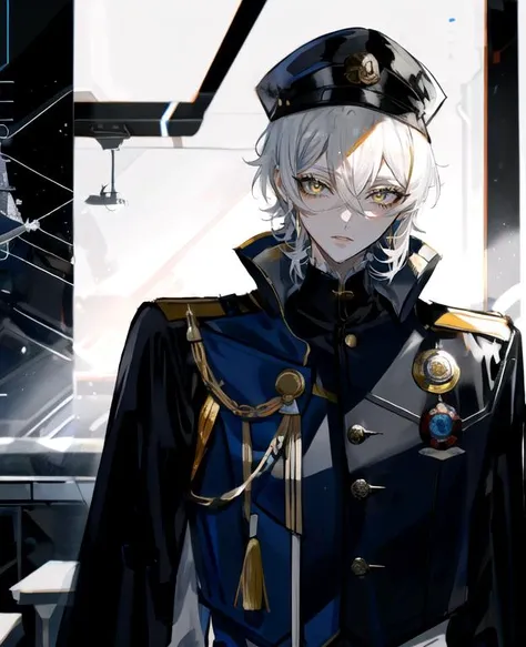 solo, 1boy, straight hair,  hair between eyes, disdain, looking at viewer, white hair, short shaggy hair, (white military uniform:1.2), yellow eyes, (white military hat:1.1), cyberpunk, science fiction, (spacecraft interior:1.2), tsurime,  <lora:Tsurime3:0.85> , au \(d elete\, <lora:au_d_elete_offset:1>