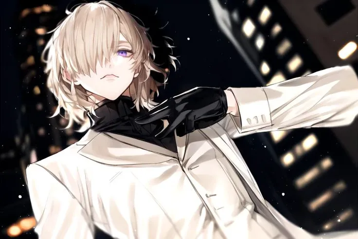 au \(d elete\), 1boy, looking at viewer, male focus, purple eyes, disdain, solo, (beige hair), fluffy hair, (medium hair), hair over right eye,  <lora:mekakure_right_v100:1>, <lora:au_d_elete_offset:1>, tsurime, from below