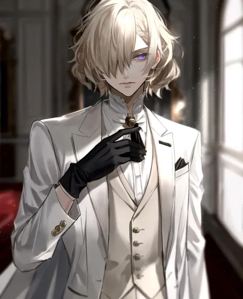 au \(d elete\), 1boy, looking at viewer, male focus, purple eyes, disdain, solo, (beige hair), fluffy hair, (medium hair), hair over right eye, <lora:mekakure_right_v100:1>, <lora:au_d_elete_offset:1>, tsurime,