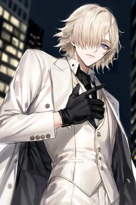 au \(d elete\), 1boy, black gloves, formal clothes, mafia, long sleeves, looking at viewer, male focus, purple eyes, disdain, solo, (beige hair), fluffy hair, (medium hair), hair over right eye, <lora:mekakure_right_v100:1>, <lora:au_d_elete_offset:1>, tsurime, <lora:Tsurime3:0.85>, white suit, black undershirt, city, blurry background, depth of field, from below