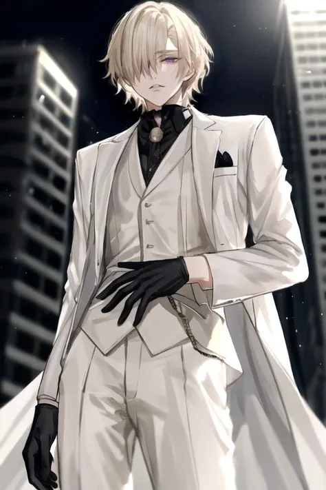 au \(d elete\), 1boy, looking at viewer, male focus, purple eyes, disdain, solo, (beige hair), fluffy hair, (medium hair), hair over right eye, <lora:mekakure_right_v100:1>, <lora:au_d_elete_offset:1>, tsurime, <lora:Tsurime3:0.85>, from below