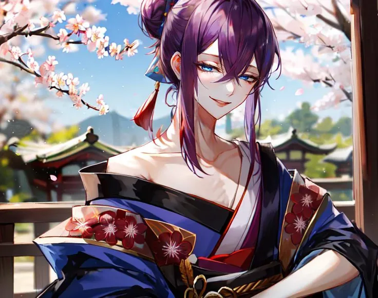 au \(d elete\, 1boy, solo, male focus, purple hair, messy hair, hair bun, hair stick, hair between eyes, blue eyes, light smile, kimono, off shoulder, east asian architecture, cherry blossoms, blurry background, depth of field, <lora:au_d_elete_offset:1>, <lora:hotarueye_hosome1_v100:0.6>