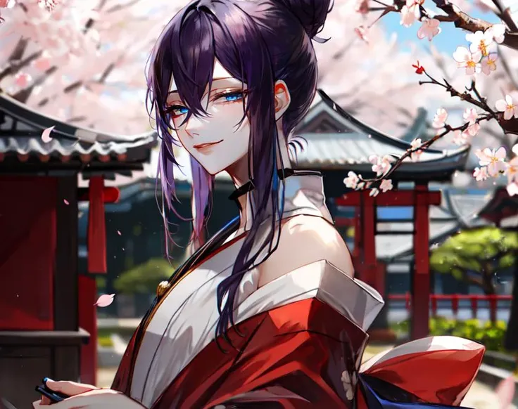 au \(d elete\, 1boy, solo, male focus, purple hair, messy hair, hair bun, hair stick, hair between eyes, blue eyes, light smile, kimono, off shoulder, east asian architecture, cherry blossoms, blurry background, depth of field, <lora:au_d_elete_offset:1>, <lora:hotarueye_hosome1_v100:0.6>