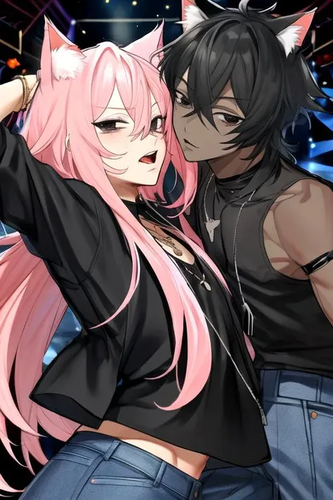 line drawing, au \(d elete\), upper body, front view, looking at viewer, standing, 1boy, catboy, adult, twink, very dark skin, cat ears, hair between eyes, long pink hair, black eyes, jeans, open jacket, black t-shirt, necklace, stage, concert
<lora:au_d_elete_offset:1>