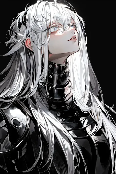 au \(d elete\), boy, armor, asclepius \(fate\), colored eyelashes, expressionless, eyelashes, face, fate/grand order, fate \(series\), grey eyes, jacket, long hair, looking away, looking up, male focus, signature, solo, thick eyelashes, very long hair, white hair, ((masterpiece)) <lora:au_d_elete_offset:1>
