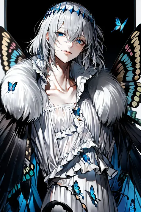 au \(d elete\), black background, blue eyes, bug, butterfly, closed mouth, crown, diamond hairband, fate/grand order, fate \(series\), fur collar, fur trim, grey fur, grey hair, hair between eyes, high collar, highres, insect, insect wings, looking at viewer, male focus, medium hair, oberon \(fate\), oberon \(third ascension\) \(fate\), shirt, solo, upper body, white shirt, wings, ((masterpiece)) <lora:au_d_elete_offset:1>